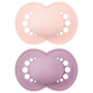 MAM Original 2 Sucettes Anatomiques Silicone Couleurs Unis 18 Mois et + - Couleur : Rose pastel/Parme
