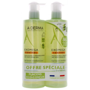 A-DERMA Exomega Control Gel Lavant Émollient 2en1 Anti-Grattage - Lot de 2 x 500 ml