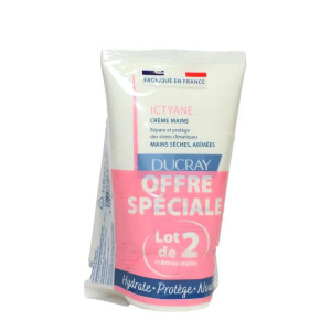 Ducray ICTYANE Crème Mains Hydratantes - Mains Sèches et Abîmées, 2x50ml