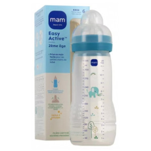 MAM Easy Active Biberon 2ème Âge 330 ml 6 Mois et + Débit Très Rapide - Couleur : Bleu