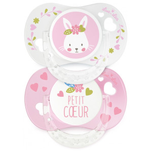Luc et Léa 2 Sucettes Silicone Anatomiques avec Anneau 0-6 Mois - Modèle : Lapin + Coeur